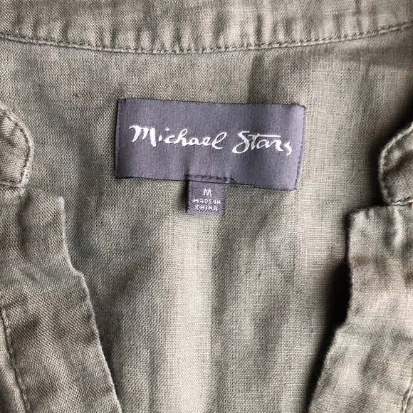 Michael Stars Olive Green Linen V-Neck Oversized Tunic Top Hi-Lo, Medium - Picture 2 of 3